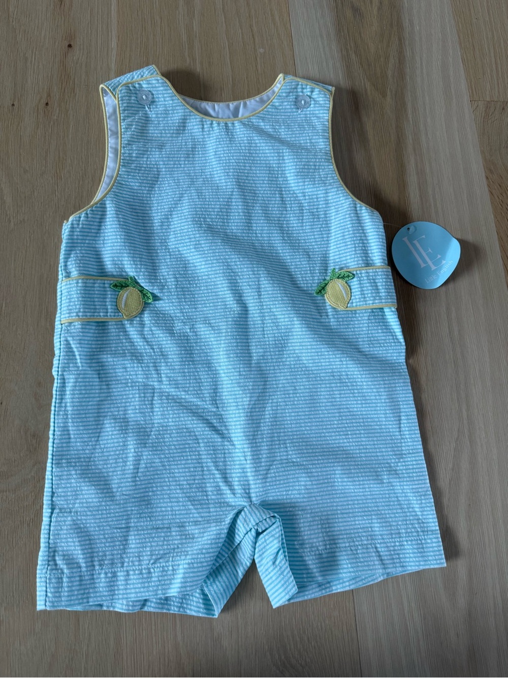 Little English Mint Stripe Romper with Yellow Piping